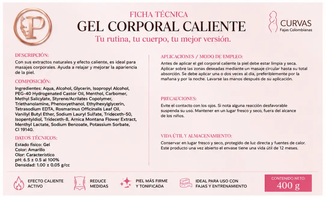 Gel Caliente Reductor Corporal 400 GR CURVAS